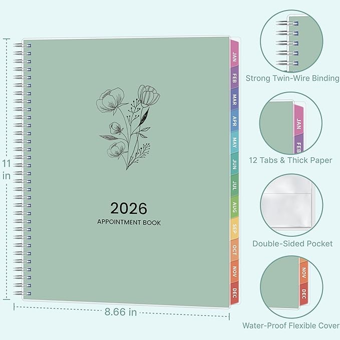 2026 Appointment Book, 30 Minutes-Hourly, Weekly ＆ Monthly Calendar Planner 2026, Jan 2026 - Dec 2026, 8.5'' x 11'', 2026 Daily Planner with Tabs ＆Pocket, Flexible Cover, Great for Office, Home, School