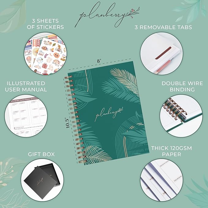 PLANBERRY Teacher Planner – Undated School Year Plan Book for Teachers with Calendars & Lesson Plans – Planner for Classroom Organization & Homeschool – 8”x10.5” Hardcover (Calypso Teal)