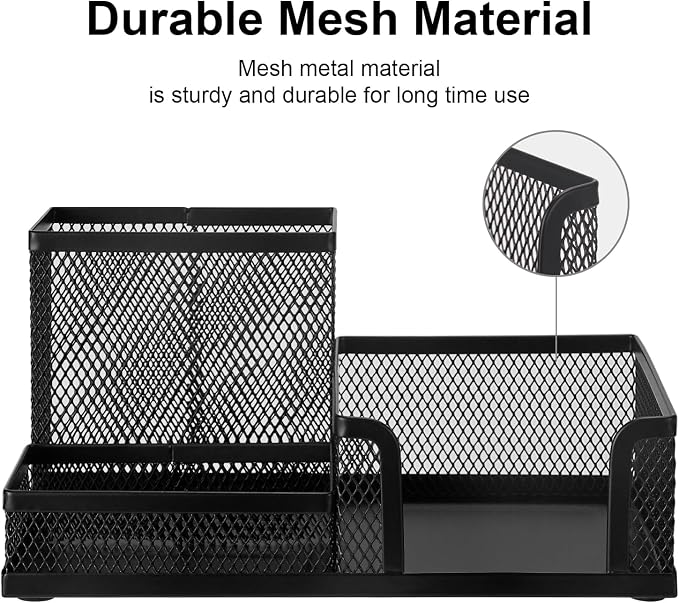 Comix Mesh Pen Pencil Holder Desk Organizer, 3 Compartment Wire Desktop Pen Pencil Cup Caddy Office Supplies Desk Accessories for Home Office School, Black