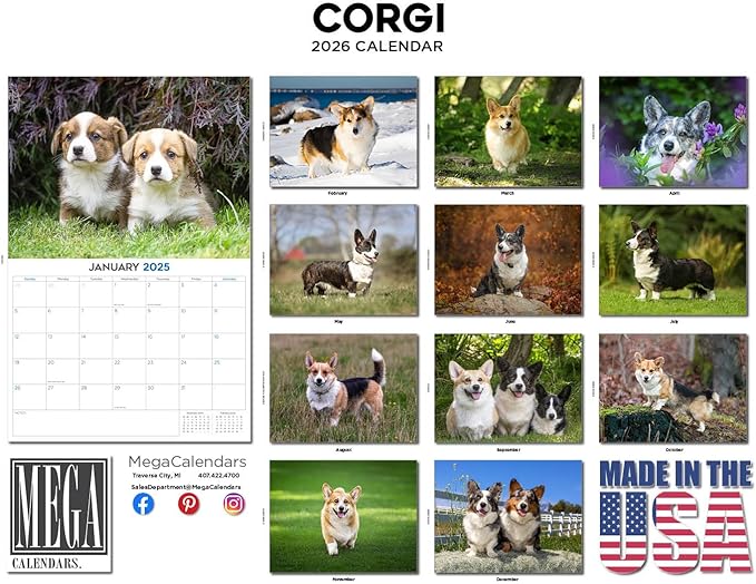 2025 2026 Corgi Calendar - Dog Breed Monthly Wall Calendar - 12" x 18" Open - Thick No-Bleed Paper - Giftable - Academic Teacher's Planner Calendar Organizing & Planning - Made in USA