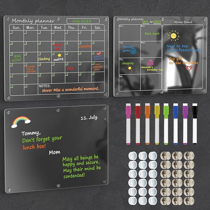 Magnetic Acrylic Calendar for Fridge,3 Pack 11"x15" Clear Fridge Calendar Dry Erase Planning Boards Set Includes 6 Colorful Highlight Markers,Magnetic Pen Holder and Erase Towel