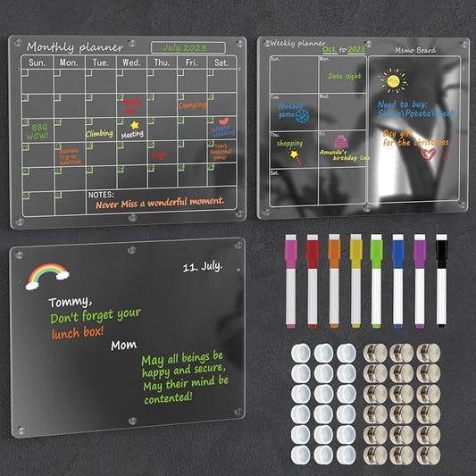 Magnetic Acrylic Calendar for Fridge,3 Pack 11"x15" Clear Fridge Calendar Dry Erase Planning Boards Set Includes 8 Colorful Highlight Markers,Magnetic Pen Holder and Erase Towel