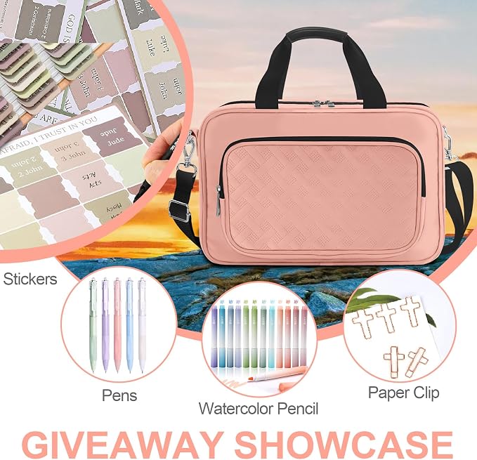 Bible Cover,Pink Large Bible Bag for Women, Study Supplies Journaling Kit Book Carrying Case with Bible Highlighters Shoulder Strap Christian Gifts