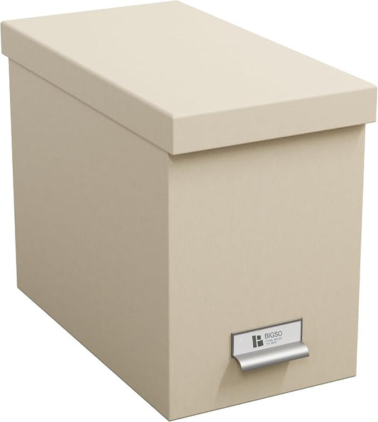 Bigso John Fiberboard Label Frame Desktop File Storage Box - Document Organizer for Important Paperwork - Durable Hanging File Box with Lid & Metal Label Window - 7.36 x 13.38 x 10.51 in - Fawn