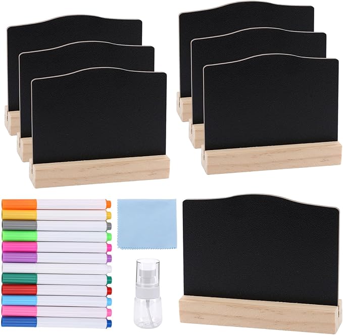 6 Pcs Mini Chalkboard Signs with Pens, Reusable and Reserved Table Signs, Double-Sided Use Message Board Sign for Weddings Place Cards, Birthday Parties, Plants, Special Event Decoration (Black(b))