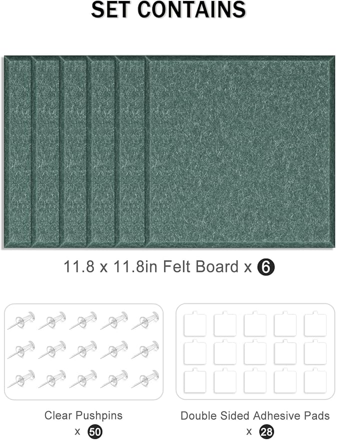 Hsurbtra Large Cork Board for Wall 36 x 24 Inch, 6 Pack Felt Bulletin Notice Board with Pushpins for Office Home School Farmhouse Wall Decor, Green