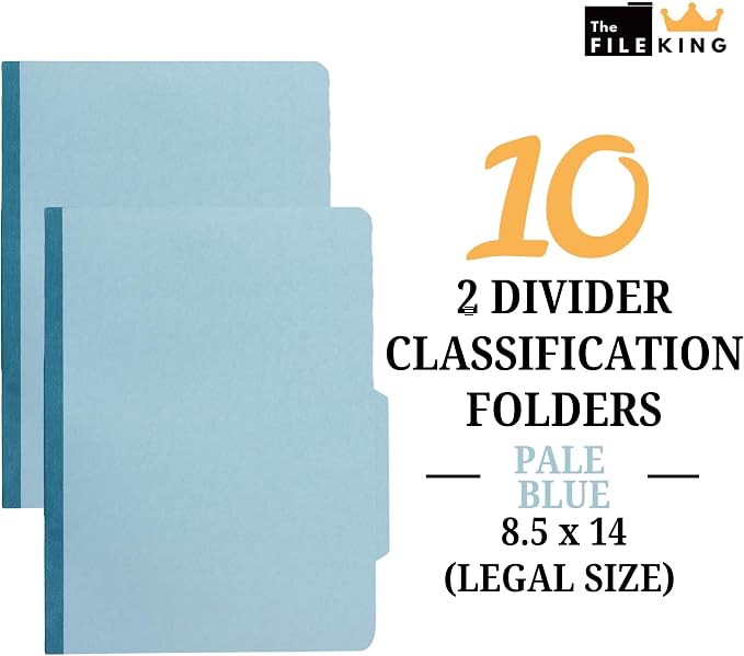 The File King Pressboard Classification Pale Blue Partition File Folder | Legal Size - Box of 10 | Two Dividers | Six 2” Durable Fastener Prongs | 2/5 Cut Top Tab | 2” Expansion