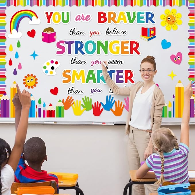 gisgfim Colorful Handprint Bulletin Board Decorations Set Welcome Back to School Classroom Pencil Braver Stronger Smarter Paper Cutouts Motivational Bulletin Board Decor for Nursery Chalkboard Wall