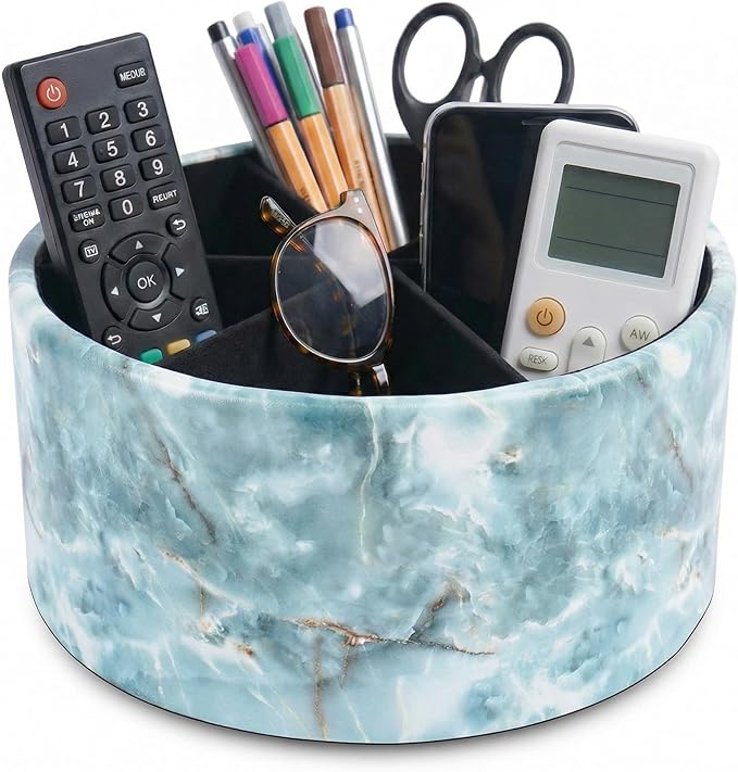 Remote Control Holder, 360°Spinning PU Leather Desk TV Remote Caddy,Desk Storage Box Room Accessories for Controller, Media,Mail,Calculator, Mobile Phone,Pencil(1-Big Marble Green)