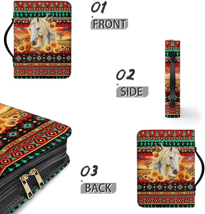 Leather Bible Covers for Women Small Bible Case Bible Bag Tote with Leather Bookmark,Aztec Boho Horse