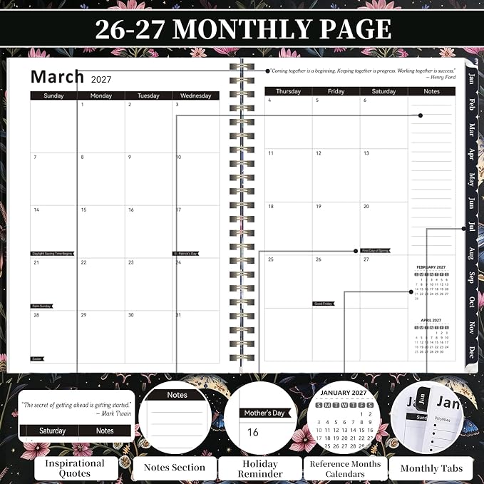 2026-2027 Planner, 12 Months Monthly & Weekly Daily Planner July 2026 - June 2027, 8.5" x 6.2" Hardcover Agenda Organizer with Tabs, Spiral Bound Calendar Notebook for School Work Home, Floral Design (Red & Butterfly)