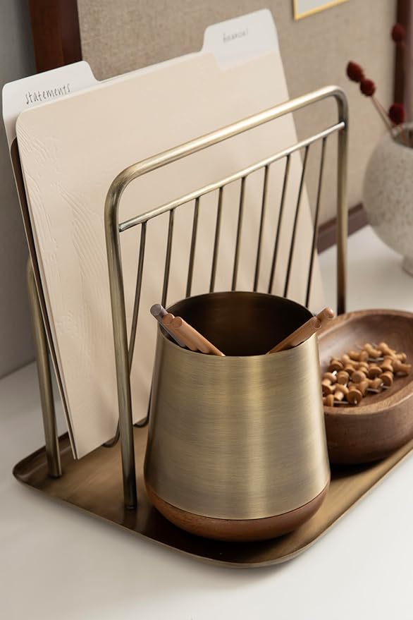 Kate and Laurel Koni Modern Three-Piece Home Office Organization Set; 13 x 8 x 9; Walnut Brown and Antique Brass; Wood and Metal Organizational Set for Office with File Folder Holder