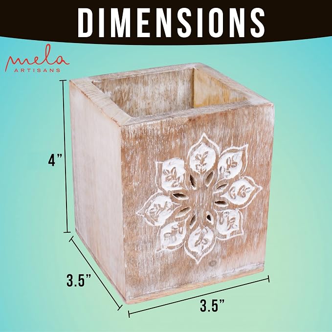 Mela Artisans Serena 4" x 3.5" Whitewash Wooden Pen Holder – Mango Wood Pencil Cup for Home Desk Organization & Rustic Office Decor