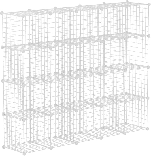 HUBSON Wire Cube Storage Organizer, Book/Toy/Craft/Potted Plants and petCloset Organizers and Storage Shelves, 20-Cube Freely Combinable Metal Grids Storage Shelf, White Iron