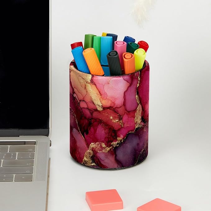 Leather Pen Holder for Desk, Pink Marble Makeup Brushes Holder Pencil Cup Multifunctional Desktop Organizer Caddy for Home School Office Desk Accessories