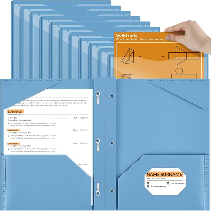 Henoyso 18 Pcs Plastic Folder with Clear Front Pocket and 3 Prong Plastic Folders with Card Slot Pocket Folders with Prongs for School Office (Haze Blue)