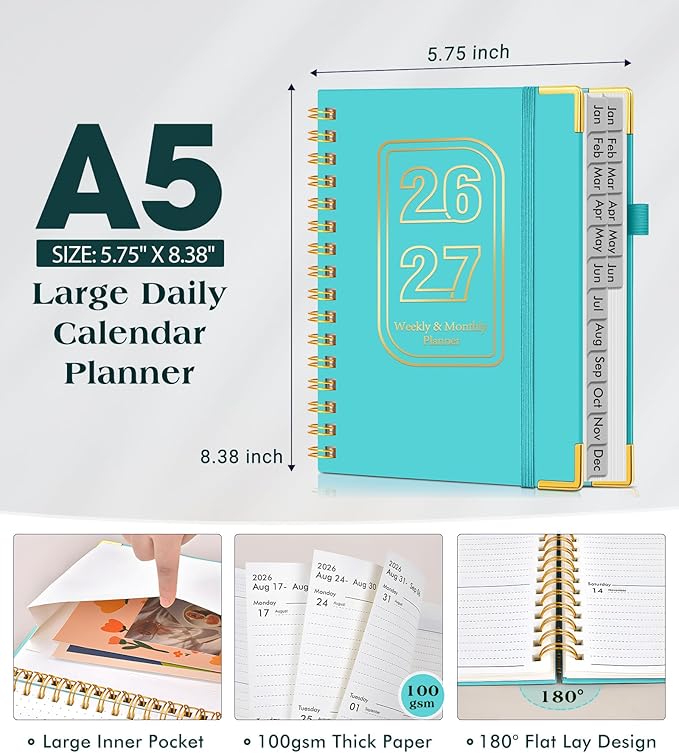 Planner 2026-2027, 18 Months Weekly and Monthly Hardcover Planner, January 2026 - June 2027, 5.75" x 8.38" A5 Daily Calendar Planner Book with Tabs, Spiral Yearly Agenda Organizer Notebook for School Work Home, Aquamarine