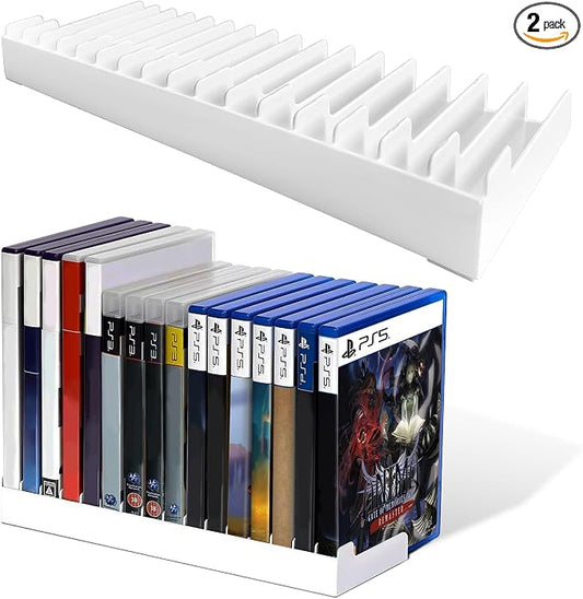 2 Pack Video Game Storage Holder for PS5/PS4/PS3/PS2/Xbox One/Xbox 360/Xbox Series X/S/Wii/Switch/Switch 2 Game Cases, 16-Disc Capacity DVD & Blu-Ray Organizer Stand for Desk（White）