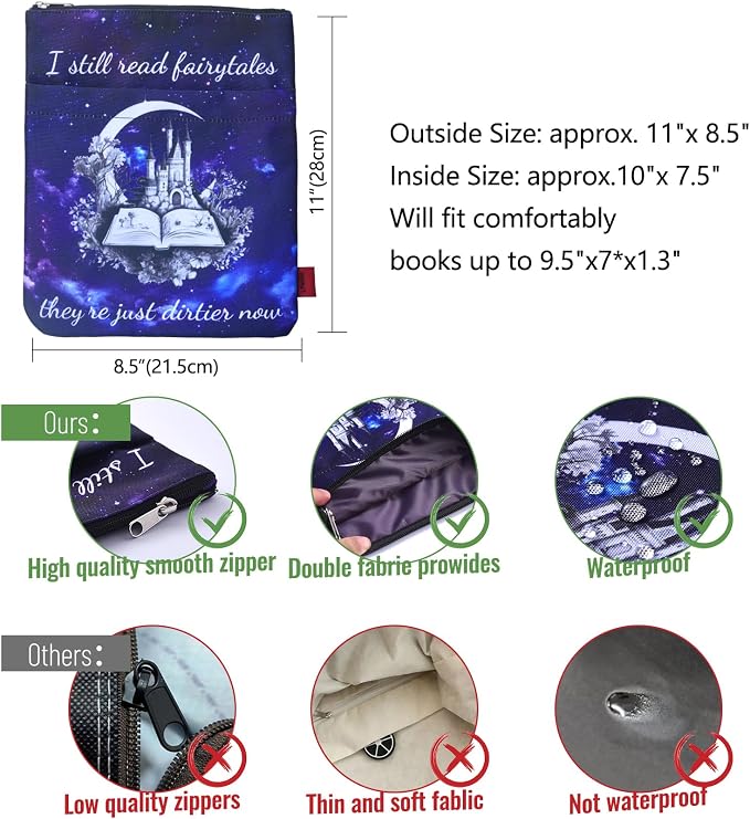 LParkin Book Sleeve Cover with Zipper, I Still Read Fairytales They're Just Dirtier Now Book Protector Pouch, Washable Fabric Book Pouch, 11 x 8.5 Inch Padded Book Sleeve Smut Reader Gift