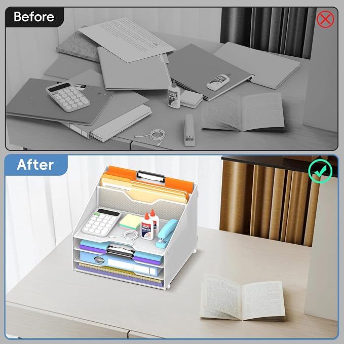 Desk File Organizer, Paper Organizer with 4 Letter Trays and 2 Vertical Upright Sections, Desk Organizers and Accessories for Office, School, Home (White)