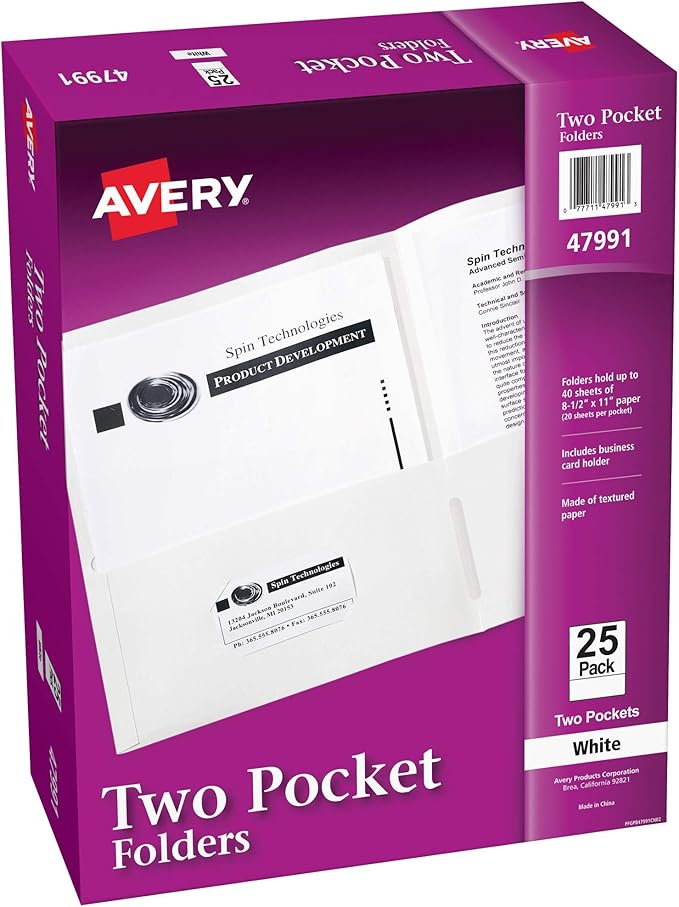 Avery Two Pocket Folders, Holds up to 40 Sheets, Business Card Slot, 25 White Folders (47991)