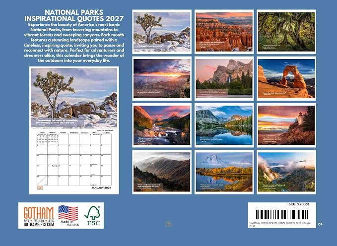 National Parks Inspirational Quotes Calendar 2027 Nature Monthly Wall Calender 12 Month