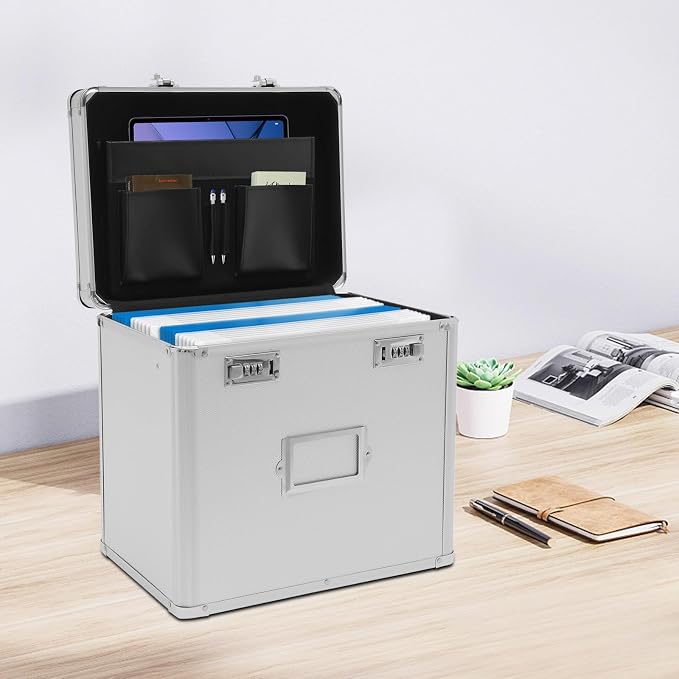 Locking File Organizer Box,Portable File Organizer Storage Chest with Handle Letter Box,13.8 x 10 x 13.4 Inch Metal File Cabinet for Filing Office Documents Letter/Legal File Storage (Silver)