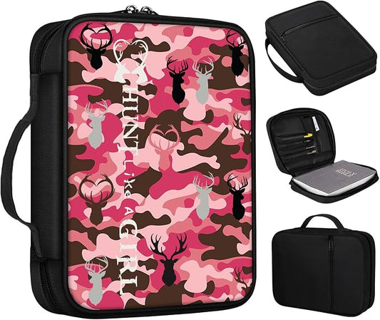 Bible Cover, Pink Camo Bible Case with Handle and Zippered Pocket Standard Size Holy Bible Bag Women Gifts, Church Bag Portable Bible Carrying Book Case for Bible Study