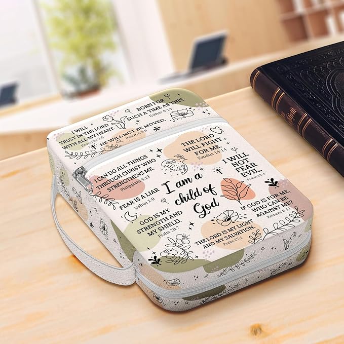 Inspirational Bible Cover for Women with Verses I Am a Child of God Canvas Case, Zippered Scripture Bag, Fits Standard Size Bible, Christian Gift for Girls Church Bible Study