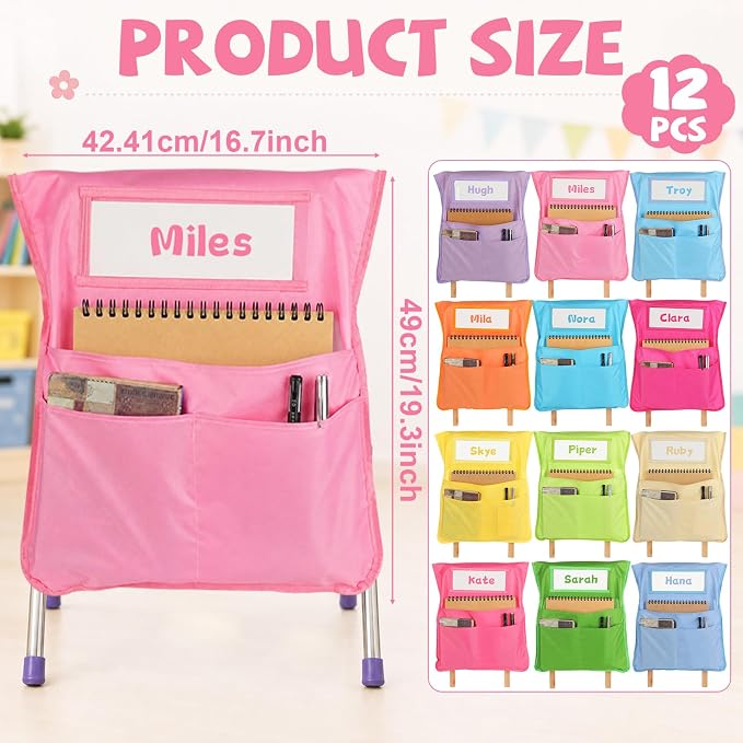 12pcs for Classroom 16.3x19.7inch Classroom Chair Pockets with Name Tag 3 Pockets Chair Organizer for Teacher Student School Office(Pastel)