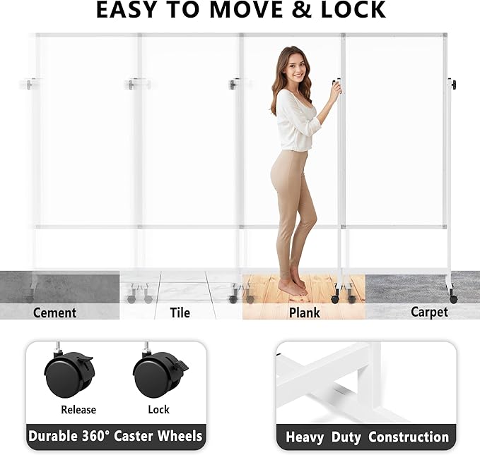 Large Rolling Whiteboard on Wheels, 48" x 24" Height Adjustable Mobile White Board with Stand, 4' x 2' Portable Standing Magnetic Dry Erase Board Easel for Home Office Classroom School, Silver