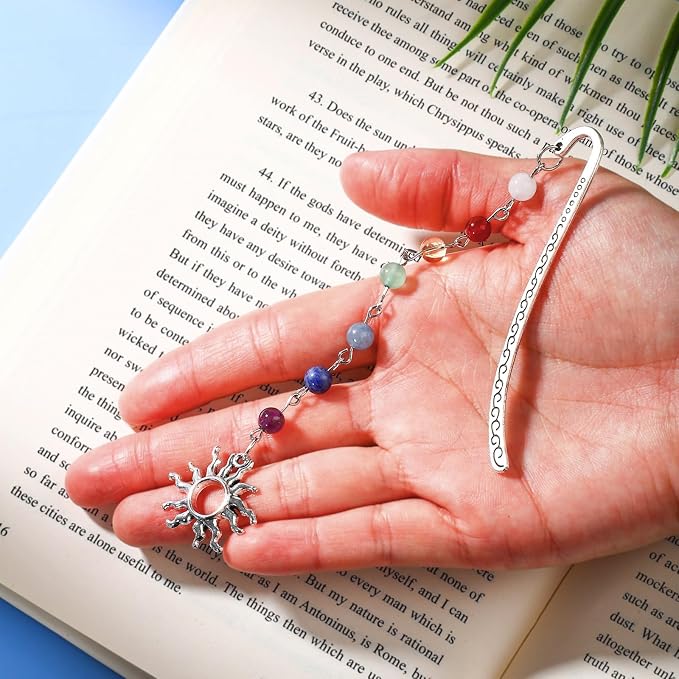 Vintage Sunshing Pendant Metal Hook Bookmark with Natural Crystal Stones and Glass Bead Chain–Elegant Bookmarks for Women,Men,Book Lovers,Girls and Teachers(Chakela)