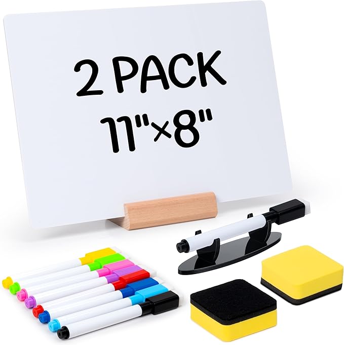 Small Dry Erase Board - 2PCS Whiteboards for Classroom Supplies with 20 Markers, 2 Pen Stands and 2 Erasers, Portable Double Sided Lapboard with Wood Base for Student Teacher School (11 x 8 in)
