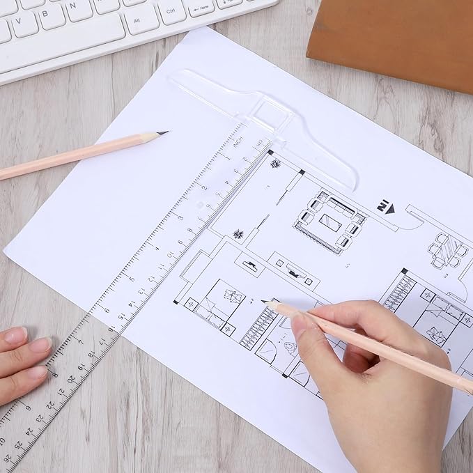 12 Inch/30 cm Plastic T-Square Transparent T-Ruler Drafting T Square Inch Metric Measuring Scale Ruler Clear Crafting Rule for Drafting, Art Framing