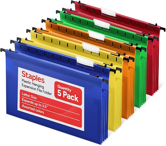 Staples Poly Expanding Hanging File Pockets, Letter Size, Assorted Colors, Durable Poly Construction – 5/Pack
