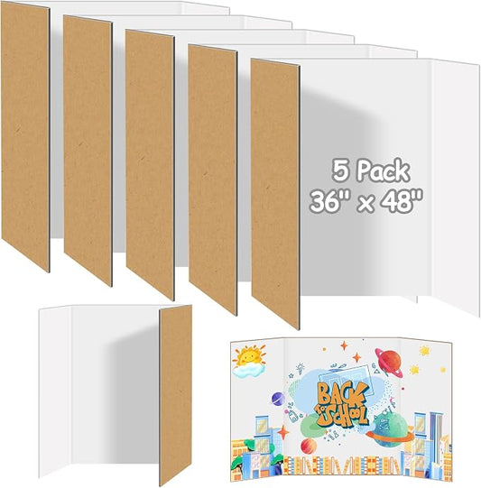 5 Pack Trifold Poster Board Bulk, 36" X 48" White Presentation Display Board, Large Tri Fold Poster Corrugated Cardboard for Displaying Photo, Science Fair, School Project, Event and Competition