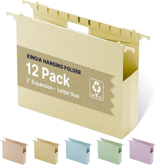 XINGIA Plastic Hanging File Folders, Letter Size File Cabinet Folders,Heavy Duty 2 Inch Expansion, Expandable Haning Folders,12 Pack Extra Capacity File Folders Hanging with Tabs for Filling Cabniet