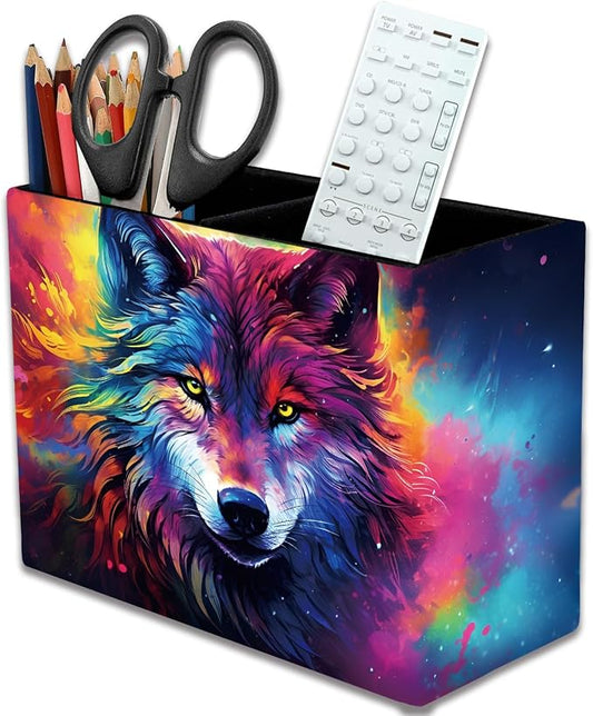 Pen Holder, Pencil Case, Makeup Brush Storage Box, Tableware Storage Box, Suitable for Office Or Home Item Organizing Stand - Colorful Space Wolf