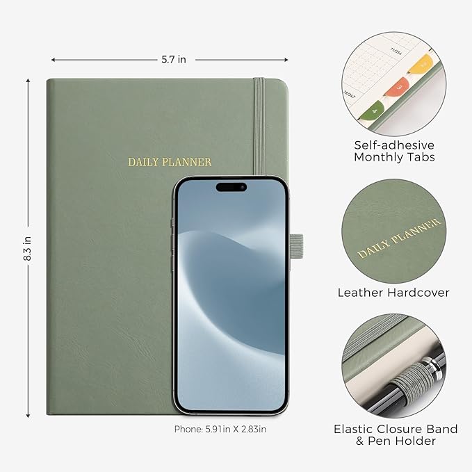 Daily Planner Undated, Appointment Book for Hourly, Daily and Monthly, 365 Days, One Page a Day, Medium Size (5.7" x 8.3"), Leather Hardcover, 12 Self-adhesive Monthly Tabs (Light Green)