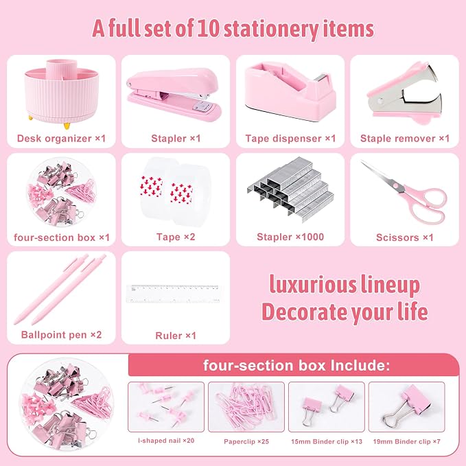 Gawsey Pink Desk Organizers and Accessories with Desk Organizer 360° Rotating Pen Holder and Office Supplies, Cute Stationery Supplies Set