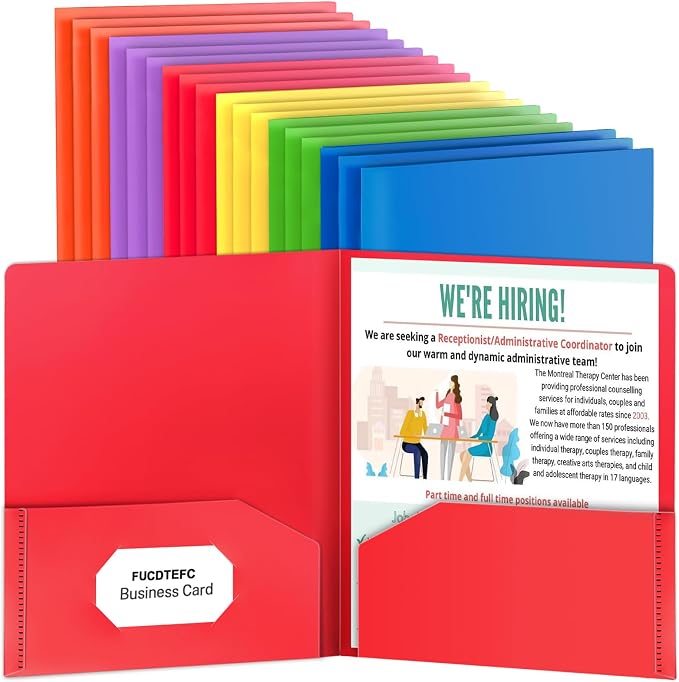 Plastic Folders with Pockets, 2 Pocket Folders Fit Letter Size Paper, Heavy Duty Paper File Folder with Business Card Holder for School Office Home Business (18 Pack, Assorted Colors)