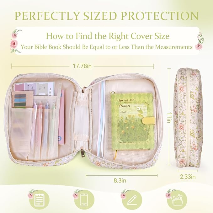 Bible Cover Case for Women Large Quilted Bible Carrying Bag with Handles Bible Study Supplies & Accessories Christian Gifts for Women(Jungle Flowers, M)