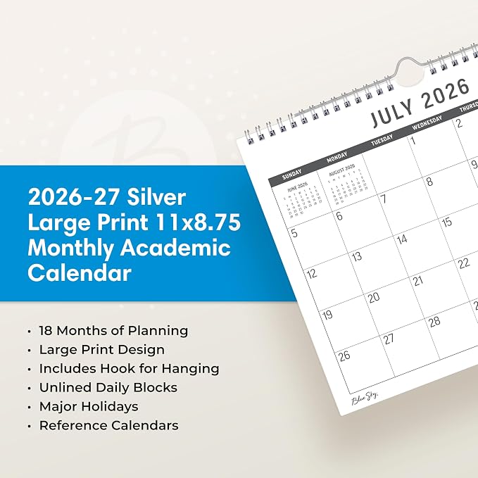 Blue Sky 2026-2027 18 Month Large Print Monthly Academic Year Wall Calendar, July 2026 - December 2027, 11" x 8.75", Durable Twin Wire Binding, Perfect For Home, Office And Classroom, Silver