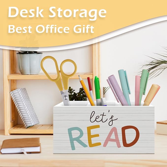 Book Lovers Gifts Pen Pencil Holder, Book Reader Gifts, Boho Desk Accessories, Let's Read Wooden Pen Pencil Organizer for Reading Room Corner Nook Classroom Library Desk Decor