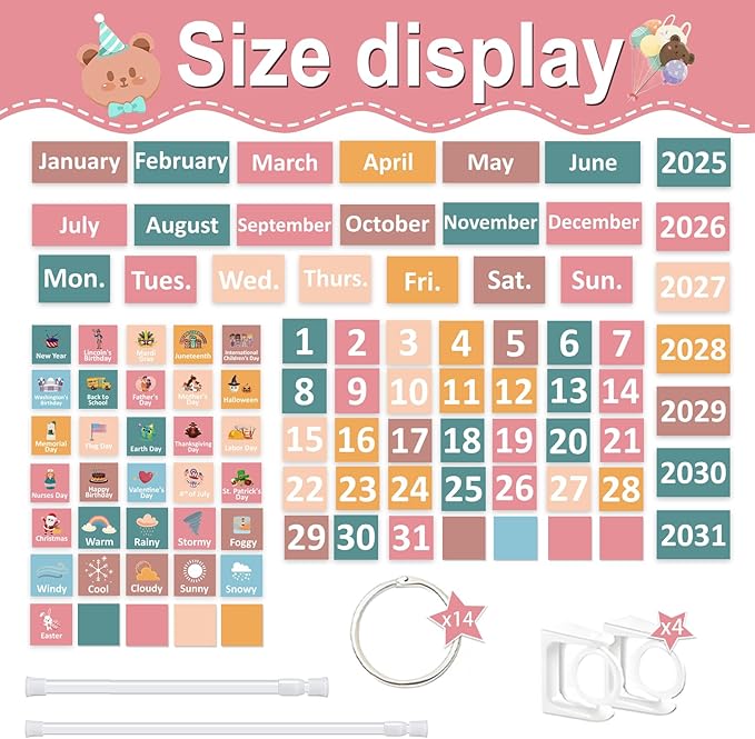 96 Cards Classroom Bulletin Board Decorations Set for Teachers,Flip Calendar with Holder for Classroom,Adjustable Calendar,Preschool Elementary Home Decor Supplies（Pink and Green）
