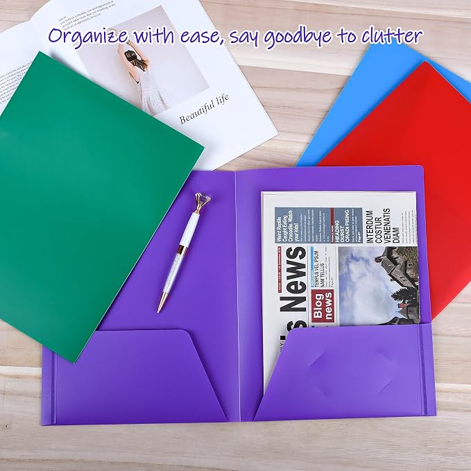 Feosky 12pcs Plastic Folders with Pockets, Heavy Duty Plastic Two Pocket Folder, File Pocket Folders for Office and School, Letter Size, 12 Assorted Colors