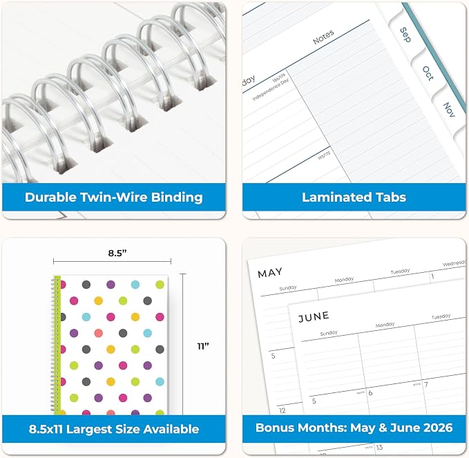 Blue Sky 2026-2027 Weekly and Monthly Academic Year Teacher Lesson Planner Calendar, July 2026 - June 2027, 8.5" x 11", Clear Pocket Cover, Wirebound, Laminated Tabs, Storage Pocket, Dots
