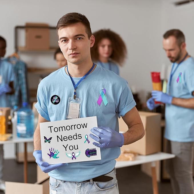 122 Pcs Ribbons Awareness Accessories Includes Ribbons Bracelets Stickers Pins Pens Keychain for School Charity Fundraiser Public Activities Supplies(Suicide Prevention,Teal Purple)
