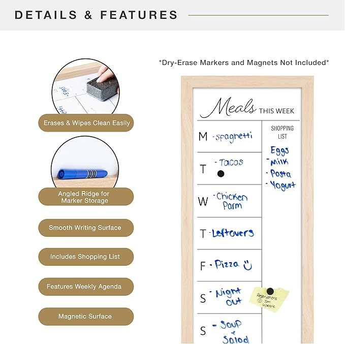 MCS Dry Erase Weekly Meal Planner 11x24 Natural Framed Calander Whiteboard for The Wall, Plan Your Meals for The Week, Family Weekly Planner for Dinners & More–Including Shopping List