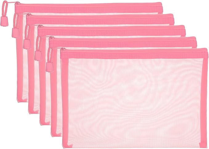 PATIKIL A5 Mesh Zipper Pouch Bags, 5 PCS Mesh Bags with Zipper Plastic Storage Pocket for Organizing File Beads Office Home Supplies, 18x25cm, Pink